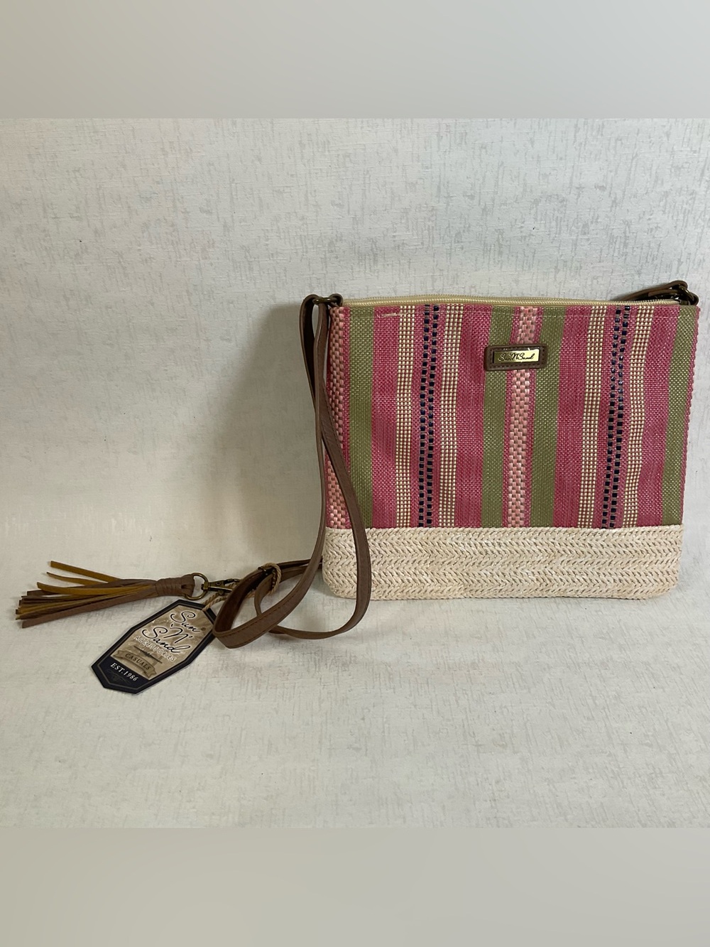 Striped Pink & Green Crossbody Wristlet Bag